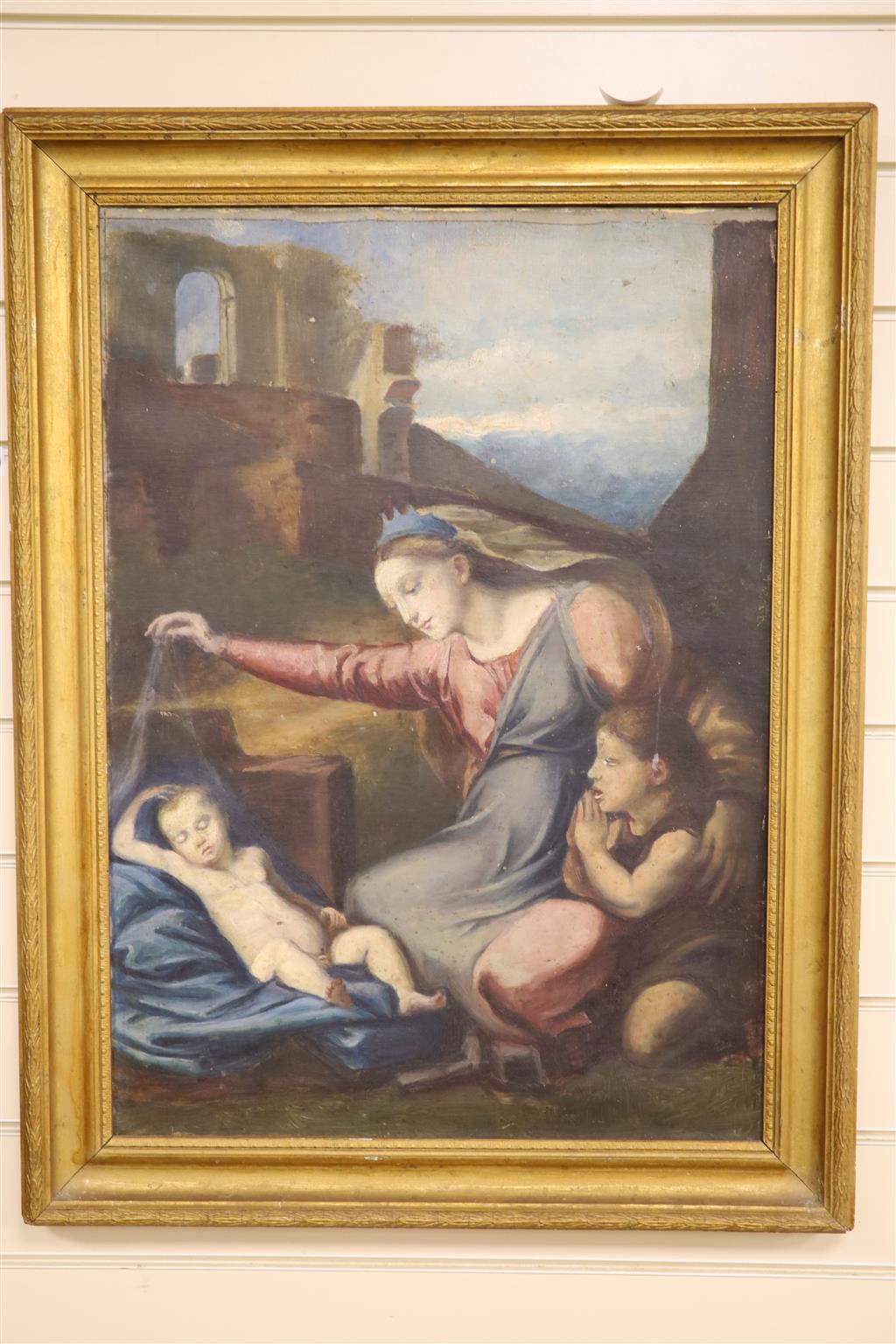 19th century French School, oil on canvas, Virgin and child with John the Baptist, 66 x 47cm